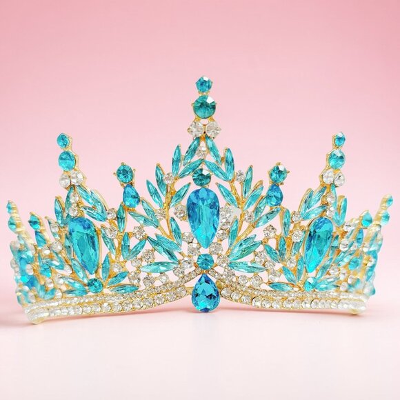 bridal headpiece, ocean blue crystal, princess tiara, gold tiara, fairy crown main image 5